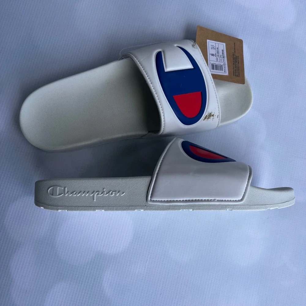 Champion‎ IPO Mens White Slide Sandals C Logo Size 8 NEW Streetwear Beach Retro
